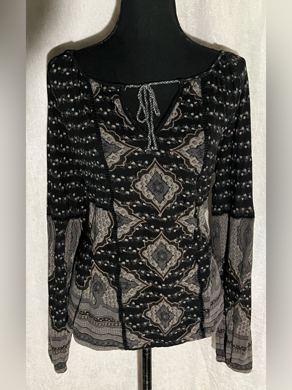 Lucky brand black & brown long sleeve boho blouse